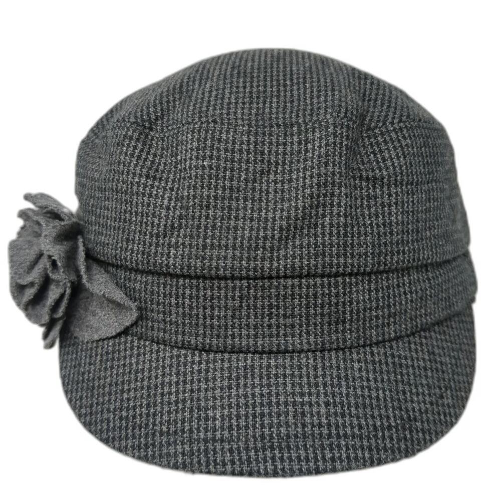 deLux Army Cap Gray One Size Flower Accent Micro Houndstooth Tweed Hat